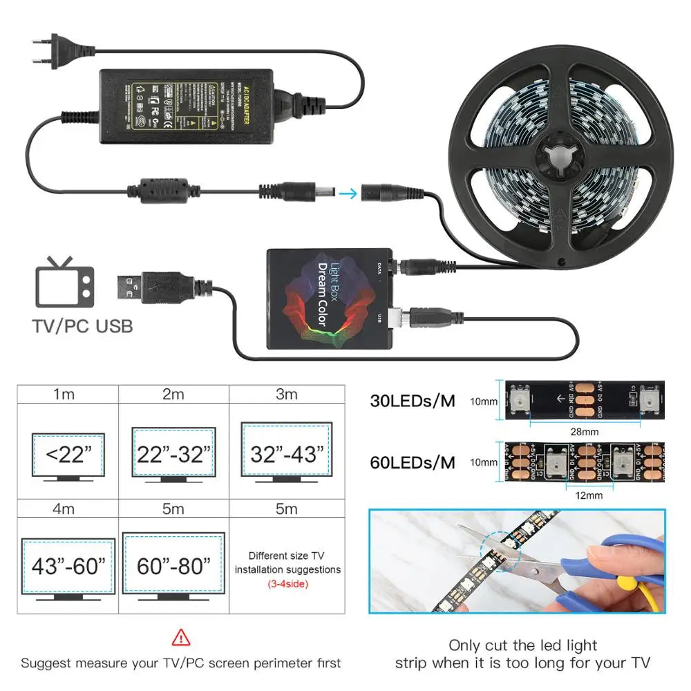 DIY Ambient USB LED TV & PC Backlight Kit - WS2812B Addressable RGB Strips (1-5m)