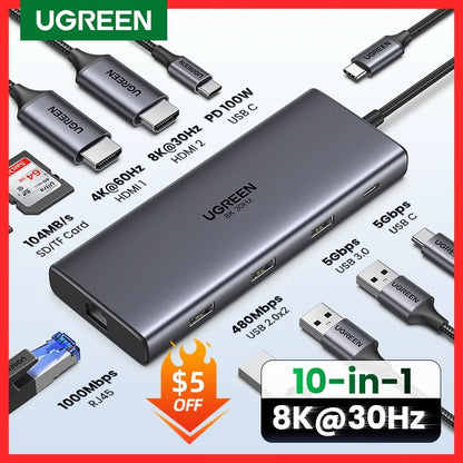 UGREEN ProHub 8K: 10-in-1 Dual HDMI USB-C Dock with 100W PD, RJ45, and USB 3.0 for MacBook