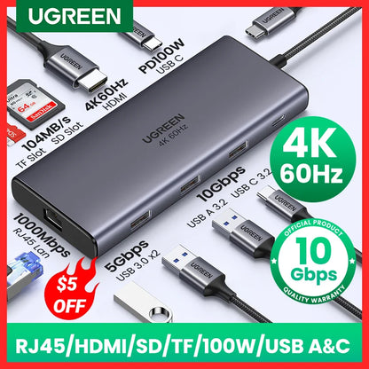 UGREEN 10Gbps USB C HUB 4K60Hz Type C to HDMI2.0 RJ45 PD 100W Adapter Hub