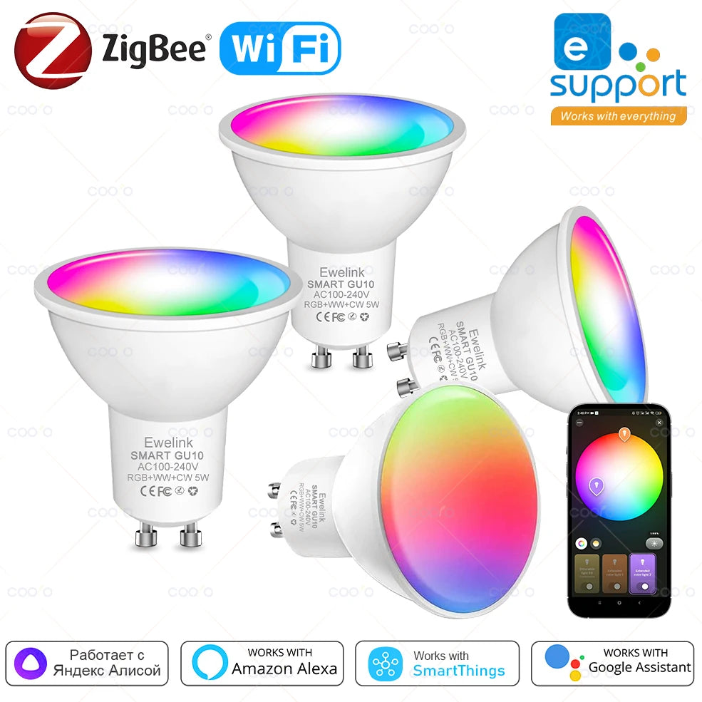 Smart ZigBee GU10 WiFi LED Spotlight Bulb - RGB C+W 5W, Dimmable, EWelink/Alexa/Google