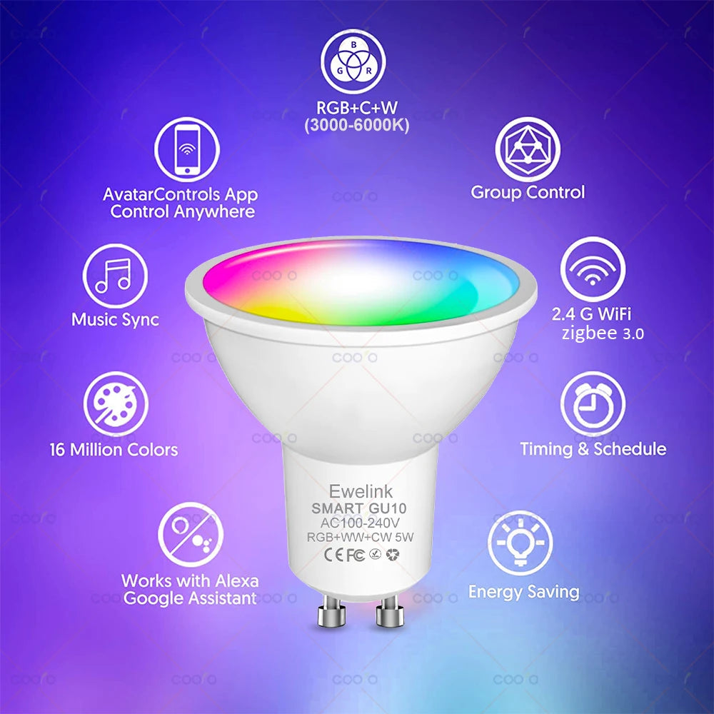 Smart ZigBee GU10 WiFi LED Spotlight Bulb - RGB C+W 5W, Dimmable, EWelink/Alexa/Google