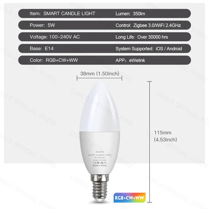 Smart ZigBee E14 Candle LED Bulbs - RGB WW CW, Works with Alexa/Google Home