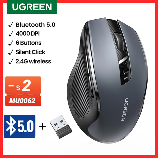 UGREEN SilentClick Wireless Mouse: Bluetooth 5.0 & 2.4G, Ergonomic 4000DPI with 6 Quiet Buttons